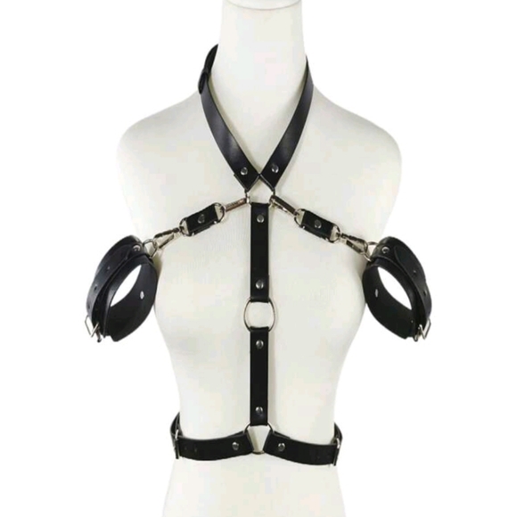PU Leather BDSM Restraining Body Harness & Handcuffs Set (OS) Multiple Hook Ups! - Picture 2 of 16